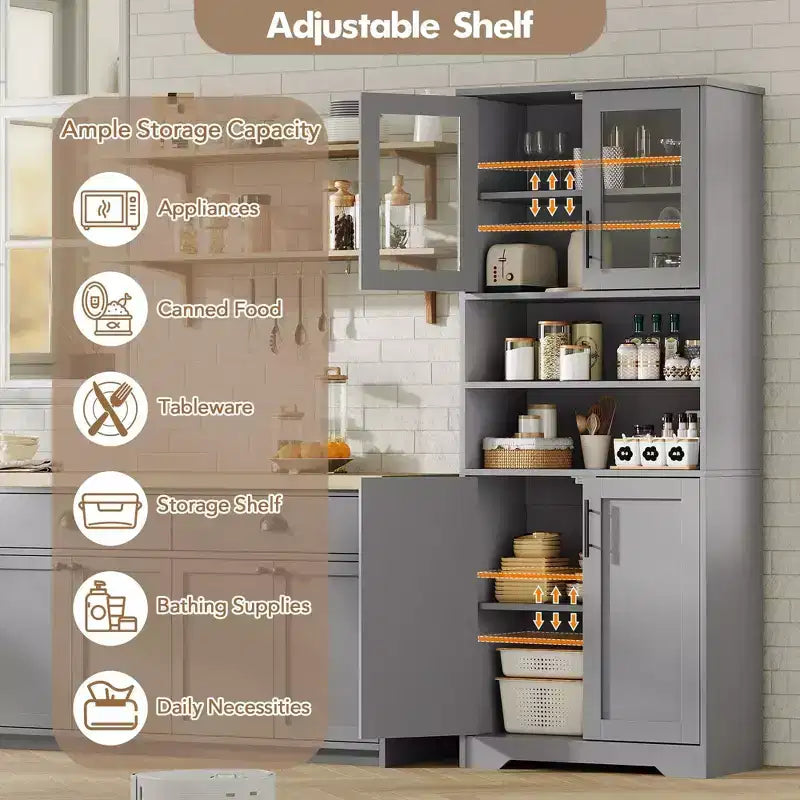 Coolmee 67 inch Tall Storage Cabinet, Bathroom Cabinet with 4 Doors and Adjustable Shelves, Kitchen Pantry Cabinets, Cupboard for Living Dining