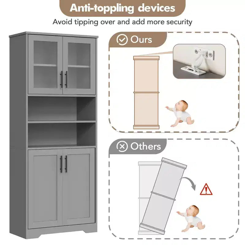 Coolmee 67 inch Tall Storage Cabinet, Bathroom Cabinet with 4 Doors and Adjustable Shelves, Kitchen Pantry Cabinets, Cupboard for Living Dining