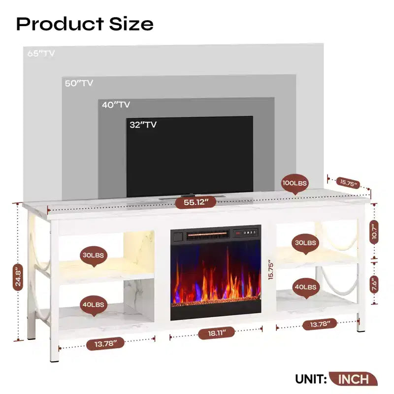 Pinmoco 55 Inch TV Stand with Electric Fireplace, Gaming Entertainment Center with LED Lights and Shelves, FitsTVs up to 65