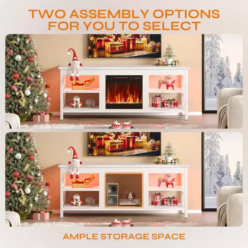 Pinmoco 55 Inch TV Stand with Electric Fireplace, Gaming Entertainment Center with LED Lights and Shelves, FitsTVs up to 65