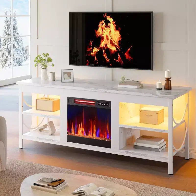 Pinmoco 55 Inch TV Stand with Electric Fireplace, Gaming Entertainment Center with LED Lights and Shelves, FitsTVs up to 65
