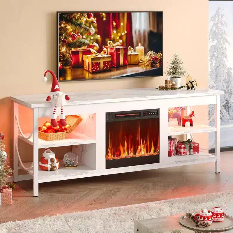 Pinmoco 55 Inch TV Stand with Electric Fireplace, Gaming Entertainment Center with LED Lights and Shelves, FitsTVs up to 65