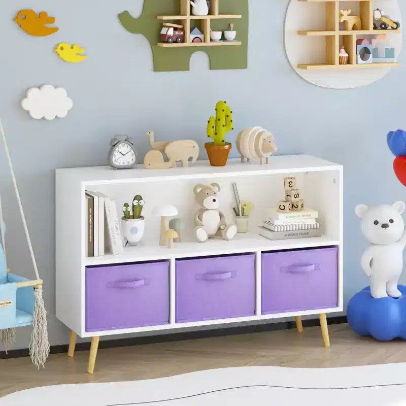 Kids bookcase with Collapsible Fabric Drawers, Children's Book Display, Toy Storage Cabinet Organizer, White/Purple