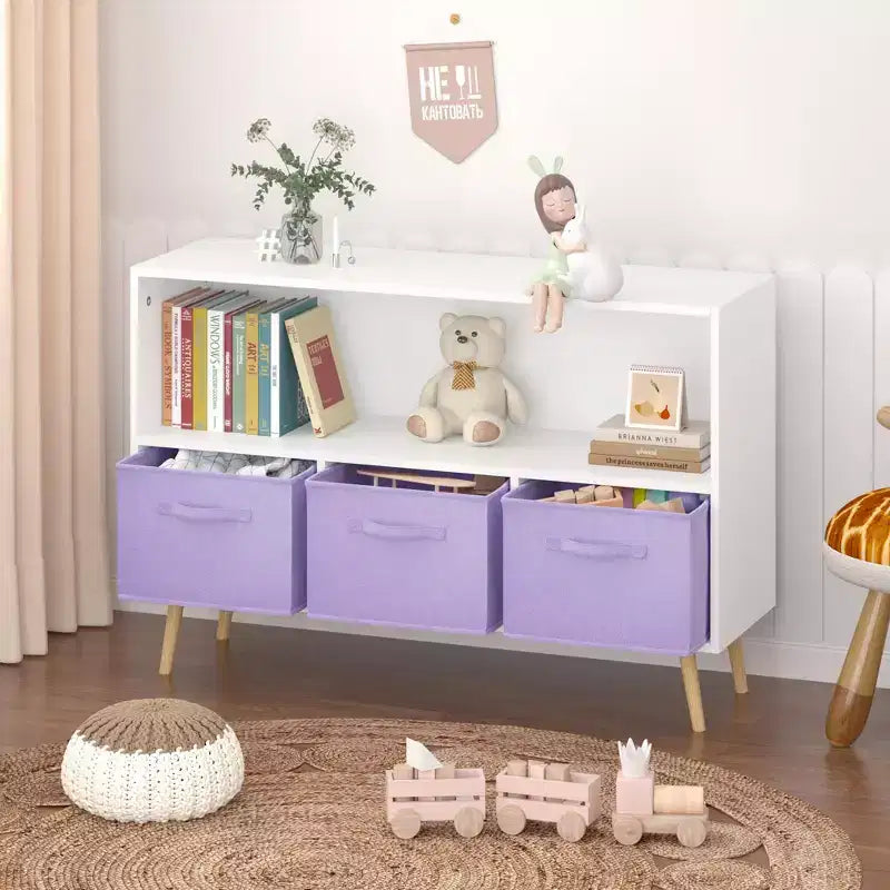 Kids bookcase with Collapsible Fabric Drawers, Children's Book Display, Toy Storage Cabinet Organizer, White/Purple