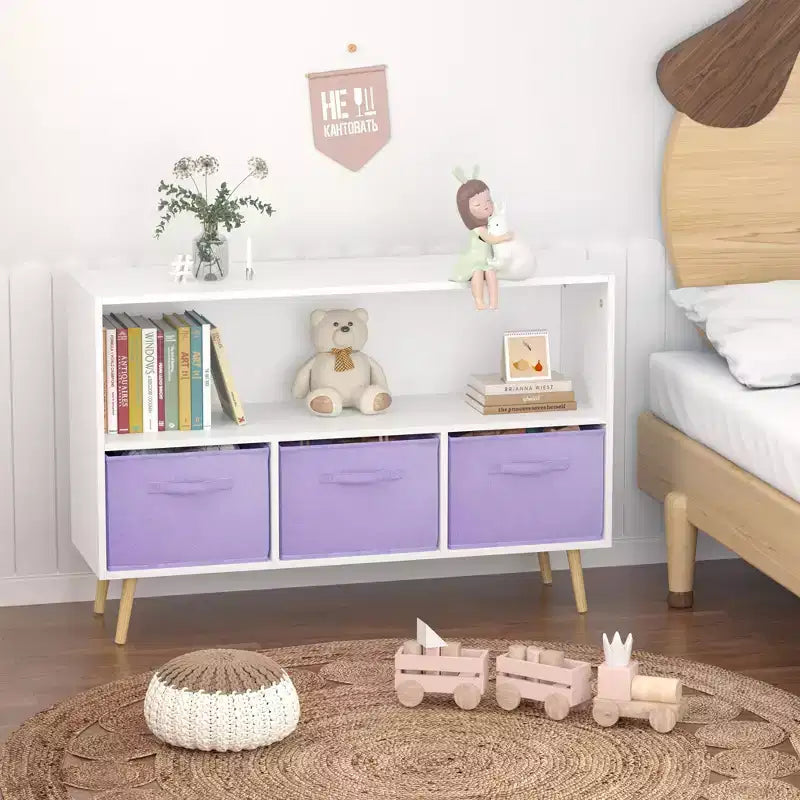 Kids bookcase with Collapsible Fabric Drawers, Children's Book Display, Toy Storage Cabinet Organizer, White/Purple