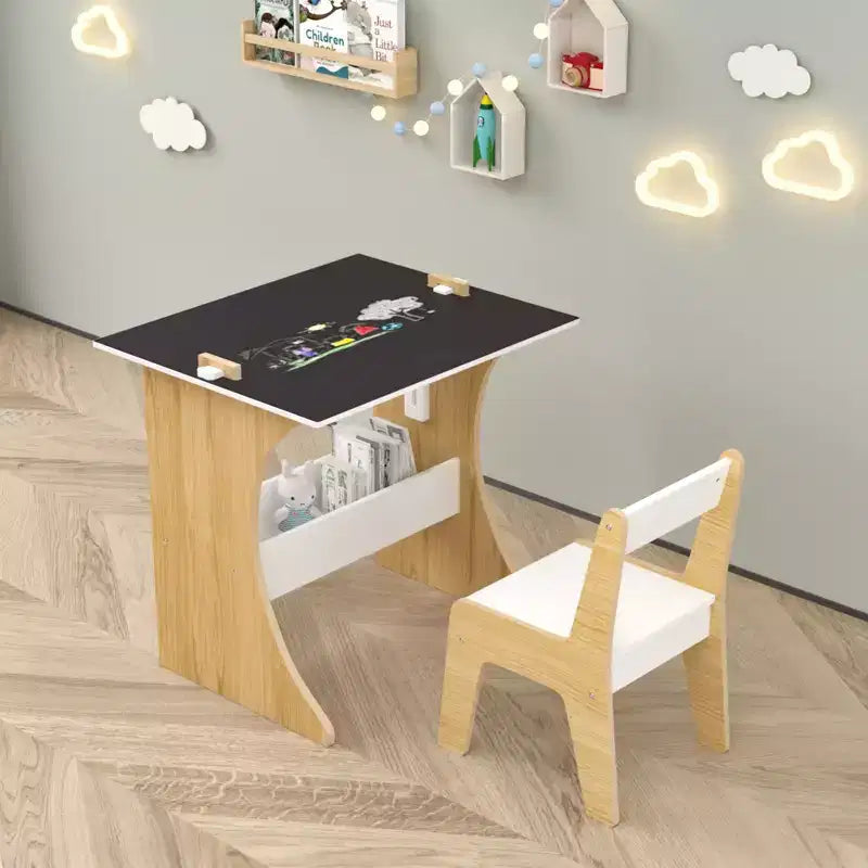 Kids Table Set with One Chair, Multifunctional Wooden Children Study Table-Convertible Tabletop for Study, Drawing & Play, Natural