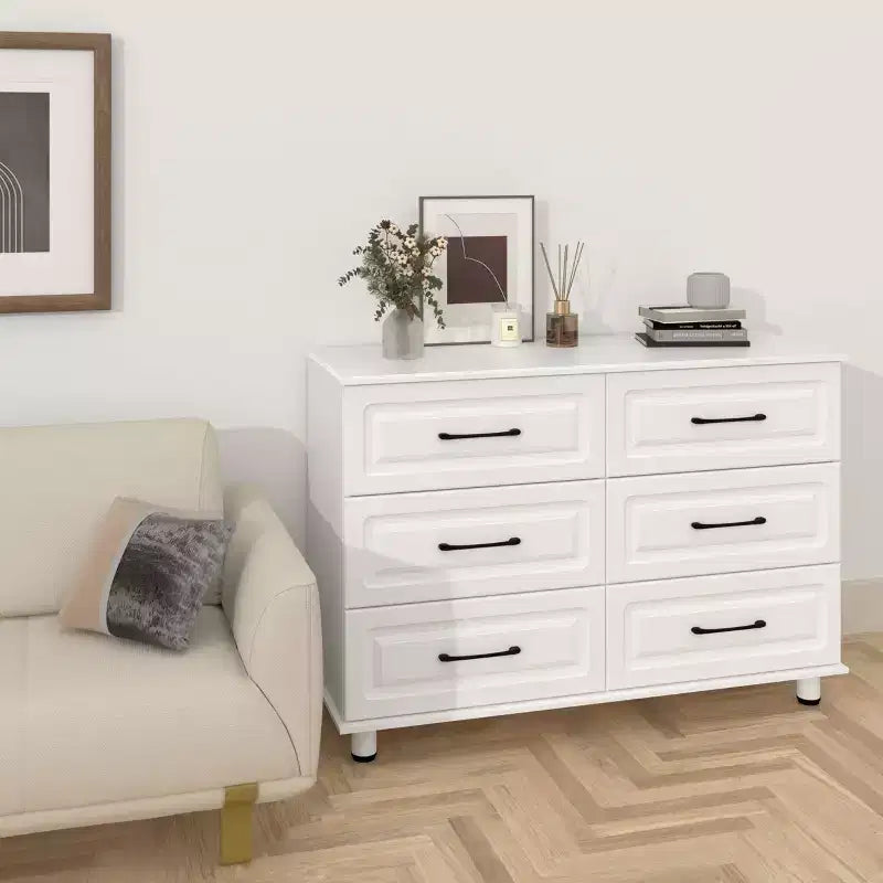 Sandinrayli White Dresser for Bedroom, 6 Drawer Dresser Wide Modern Nightstand Closet Wood Dressers with Steel Handles, White