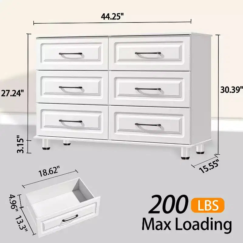 Sandinrayli White Dresser for Bedroom, 6 Drawer Dresser Wide Modern Nightstand Closet Wood Dressers with Steel Handles, White