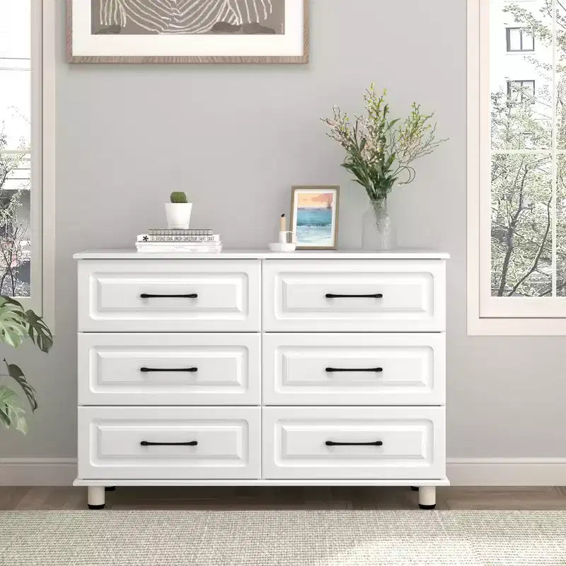 Sandinrayli White Dresser for Bedroom, 6 Drawer Dresser Wide Modern Nightstand Closet Wood Dressers with Steel Handles, White