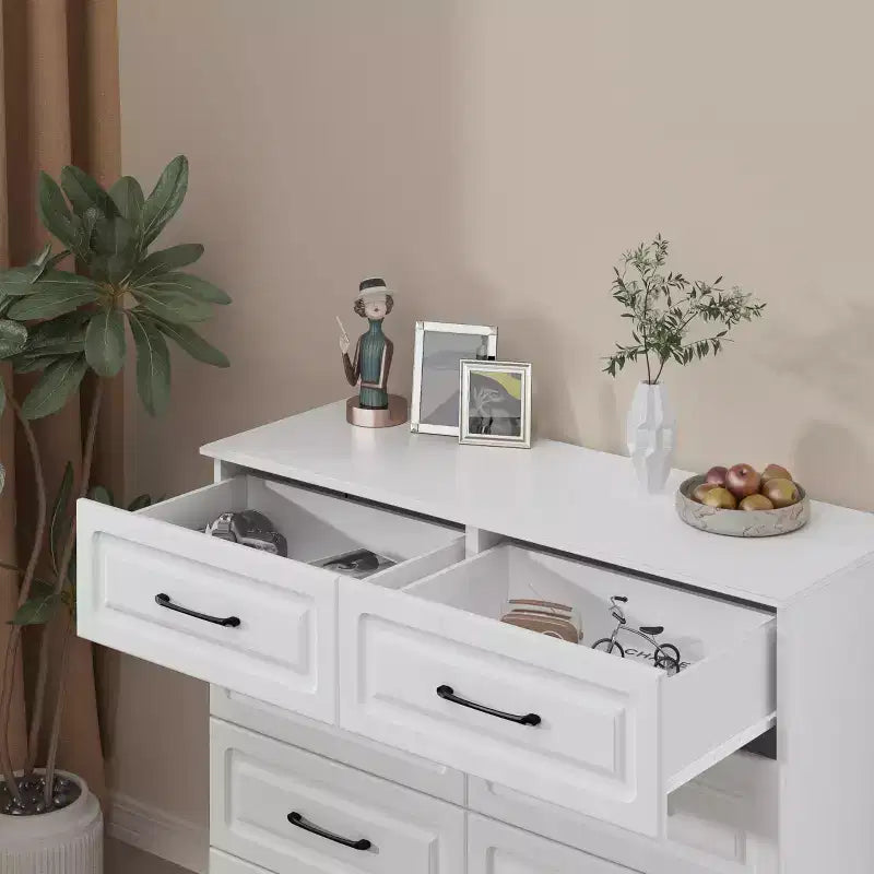 Sandinrayli White Dresser for Bedroom, 6 Drawer Dresser Wide Modern Nightstand Closet Wood Dressers with Steel Handles, White