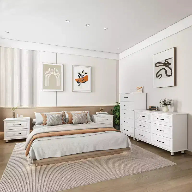 Sandinrayli White Dresser for Bedroom, 6 Drawer Dresser Wide Modern Nightstand Closet Wood Dressers with Steel Handles, White