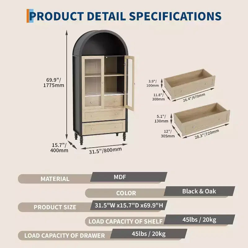 Kitchen Pantry Cabinet, Arched Bookshelf Bookcase China Pantry Storage Cabinet with Drawers Doors, 70Tall Food Pantry for Living Room, Dining Room