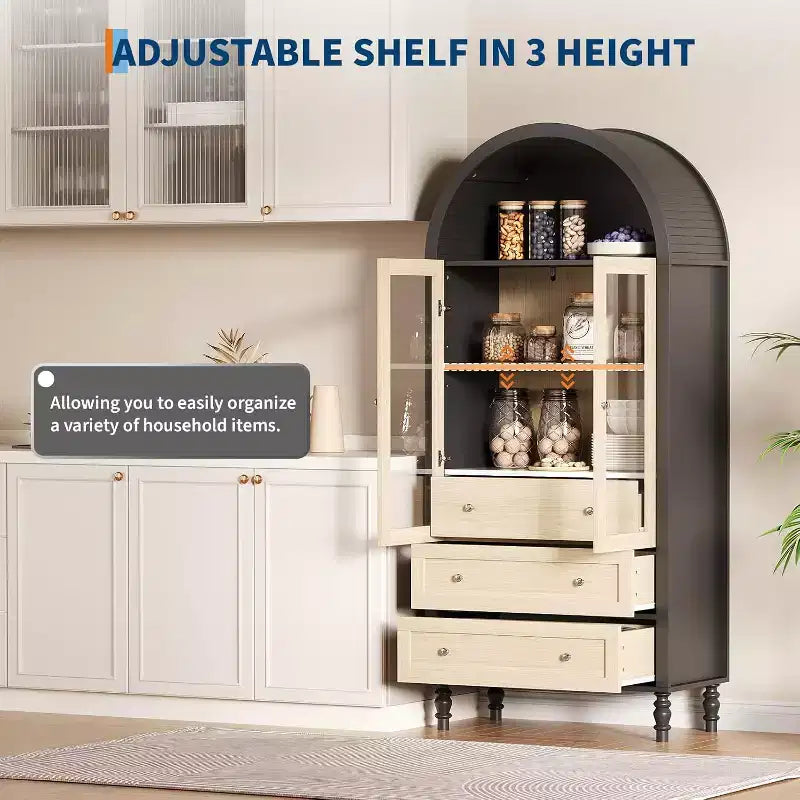 Kitchen Pantry Cabinet, Arched Bookshelf Bookcase China Pantry Storage Cabinet with Drawers Doors, 70Tall Food Pantry for Living Room, Dining Room