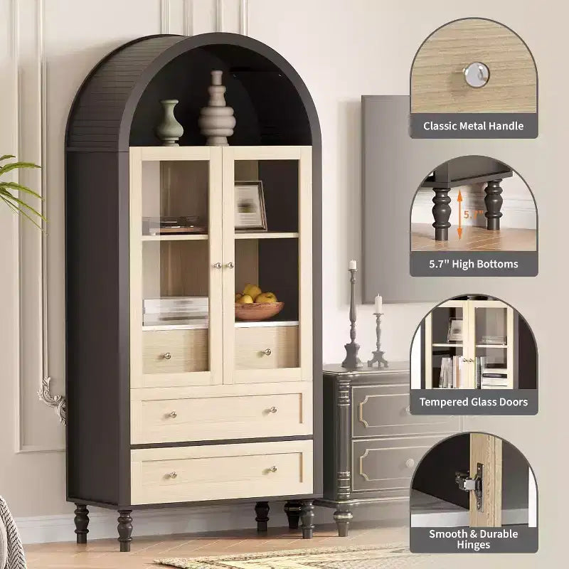 Kitchen Pantry Cabinet, Arched Bookshelf Bookcase China Pantry Storage Cabinet with Drawers Doors, 70Tall Food Pantry for Living Room, Dining Room