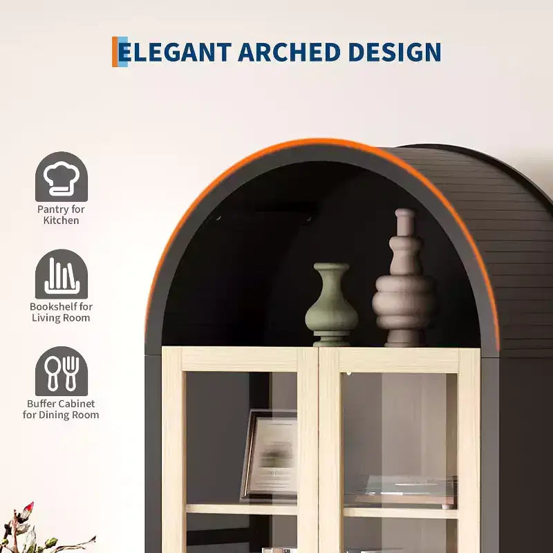 Kitchen Pantry Cabinet, Arched Bookshelf Bookcase China Pantry Storage Cabinet with Drawers Doors, 70Tall Food Pantry for Living Room, Dining Room