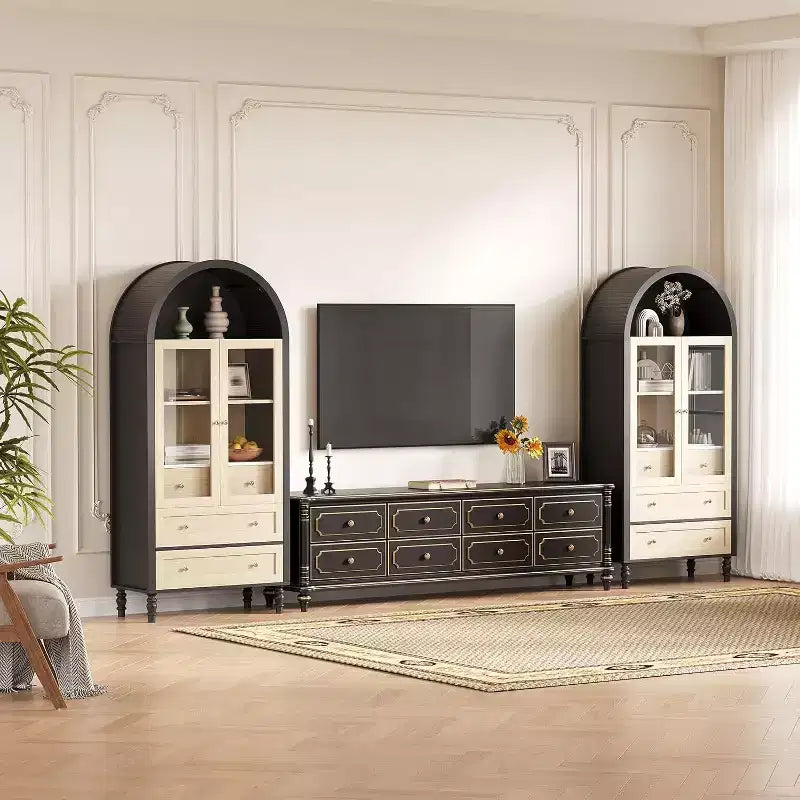 Kitchen Pantry Cabinet, Arched Bookshelf Bookcase China Pantry Storage Cabinet with Drawers Doors, 70Tall Food Pantry for Living Room, Dining Room