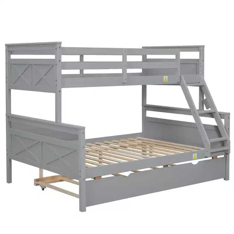Twin over Full Bunk Beds with Trundle, Solid Wood Bunk Bed Frame with for Kids Teens Adults, Can be Convertible to 2 Beds