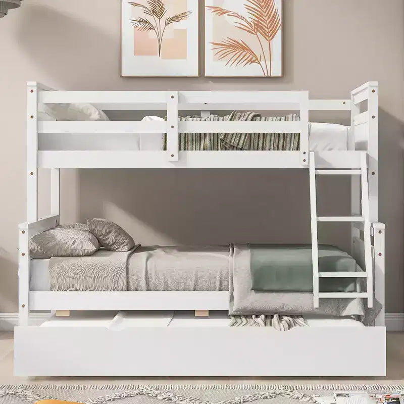 Twin over Full Bunk Beds with Trundle, Solid Wood Bunk Bed Frame with for Kids Teens Adults, Can be Convertible to 2 Beds