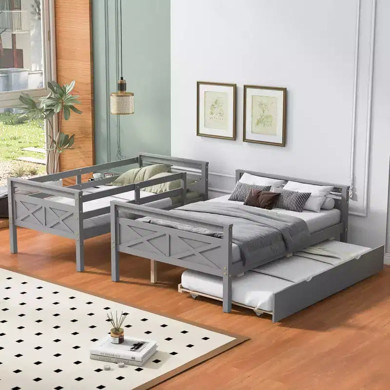 Twin over Full Bunk Beds with Trundle, Solid Wood Bunk Bed Frame with for Kids Teens Adults, Can be Convertible to 2 Beds