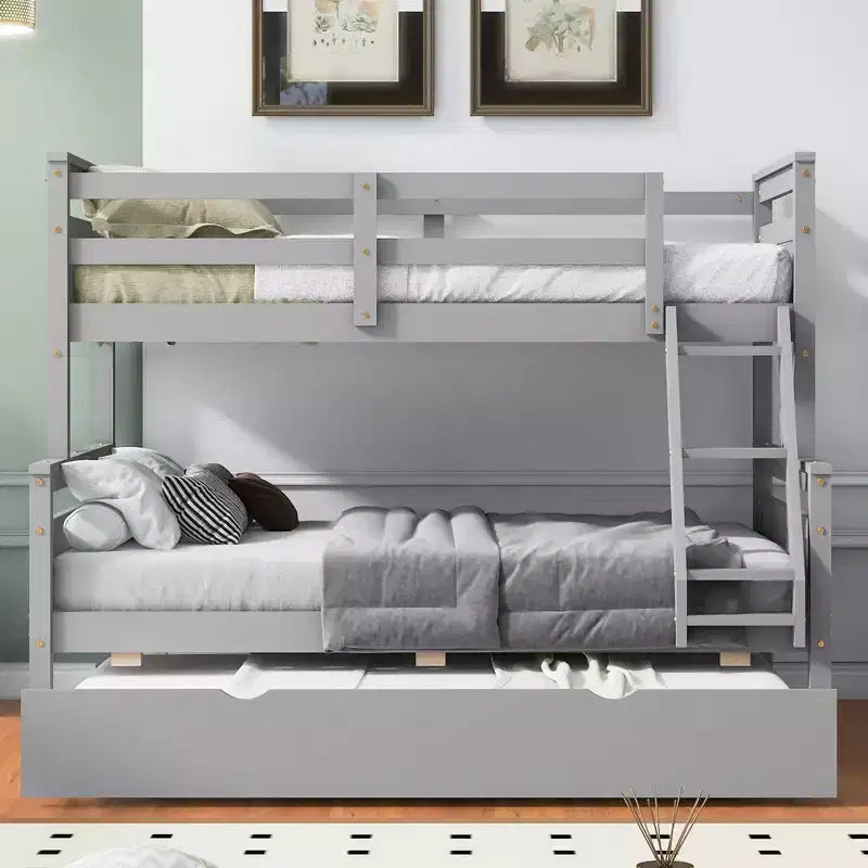 Twin over Full Bunk Beds with Trundle, Solid Wood Bunk Bed Frame with for Kids Teens Adults, Can be Convertible to 2 Beds