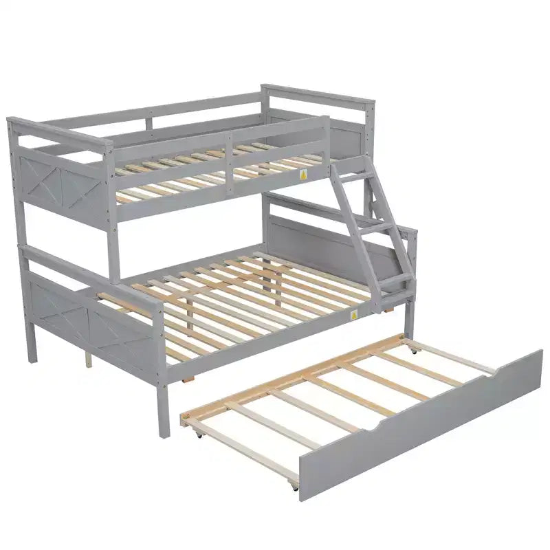 Twin over Full Bunk Beds with Trundle, Solid Wood Bunk Bed Frame with for Kids Teens Adults, Can be Convertible to 2 Beds