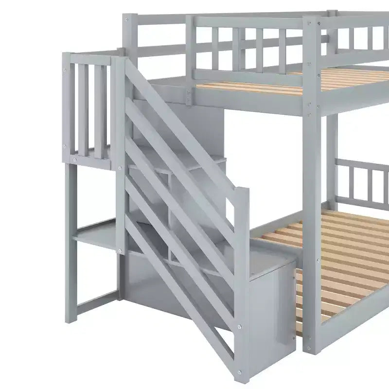 Twin over Twin Bunk Bed with Staircase and Storages for Teens, Stairway Solid Wood Low Bunk Beds with Wood Support Slats