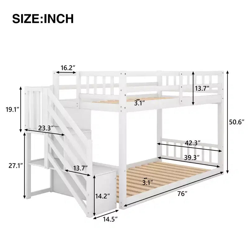 Twin over Twin Bunk Bed with Staircase and Storages for Teens, Stairway Solid Wood Low Bunk Beds with Wood Support Slats