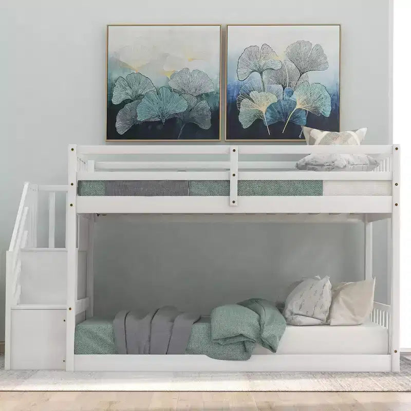 Twin over Twin Bunk Bed with Staircase and Storages for Teens, Stairway Solid Wood Low Bunk Beds with Wood Support Slats