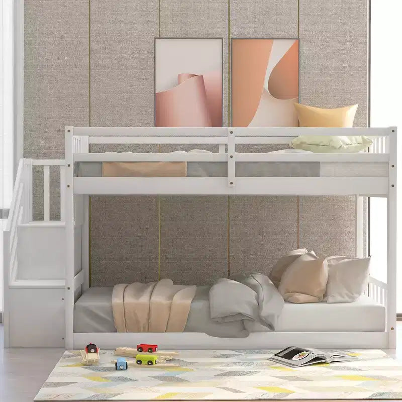 Twin over Twin Bunk Bed with Staircase and Storages for Teens, Stairway Solid Wood Low Bunk Beds with Wood Support Slats