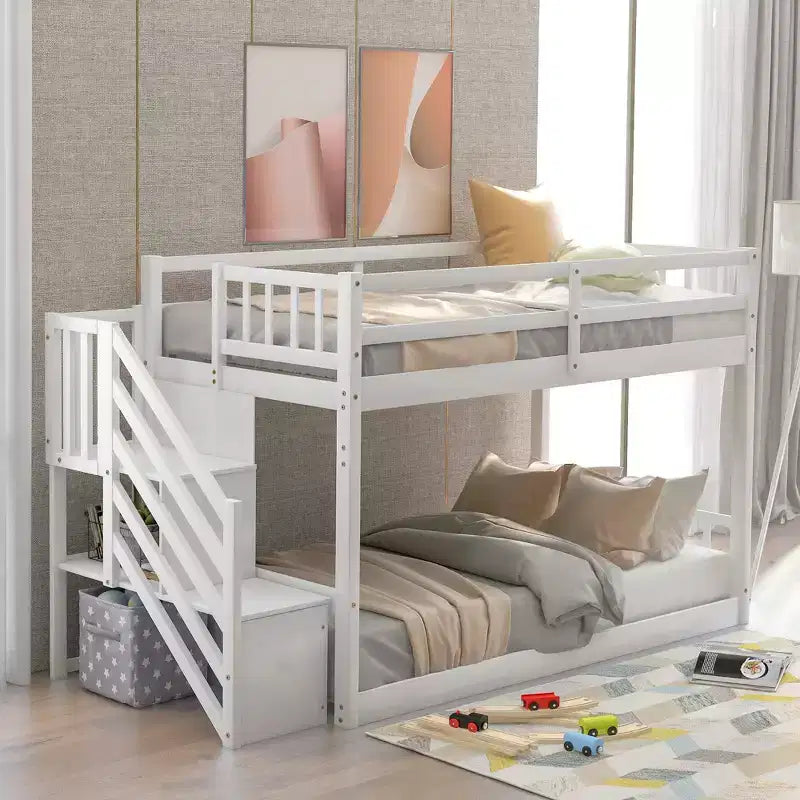 Twin over Twin Bunk Bed with Staircase and Storages for Teens, Stairway Solid Wood Low Bunk Beds with Wood Support Slats