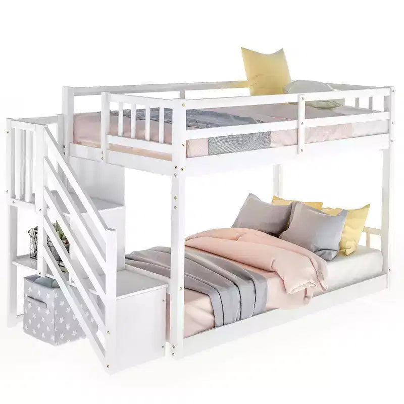 Twin over Twin Bunk Bed with Staircase and Storages for Teens, Stairway Solid Wood Low Bunk Beds with Wood Support Slats