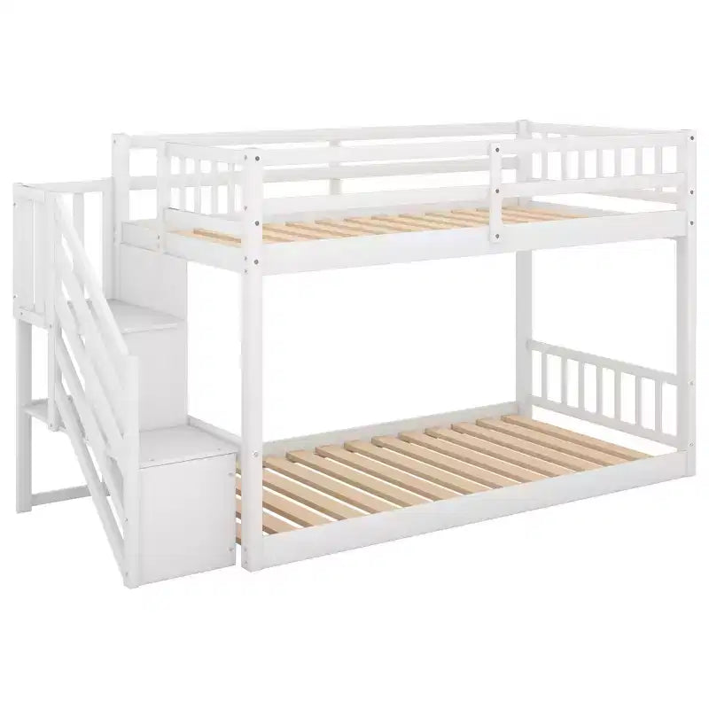 Twin over Twin Bunk Bed with Staircase and Storages for Teens, Stairway Solid Wood Low Bunk Beds with Wood Support Slats