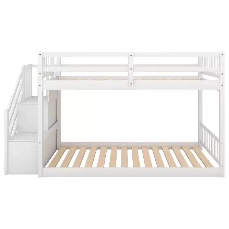 Twin over Twin Bunk Bed with Staircase and Storages for Teens, Stairway Solid Wood Low Bunk Beds with Wood Support Slats