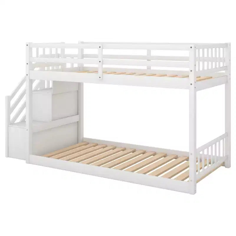 Twin over Twin Bunk Bed with Staircase and Storages for Teens, Stairway Solid Wood Low Bunk Beds with Wood Support Slats