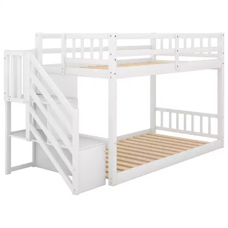 Twin over Twin Bunk Bed with Staircase and Storages for Teens, Stairway Solid Wood Low Bunk Beds with Wood Support Slats