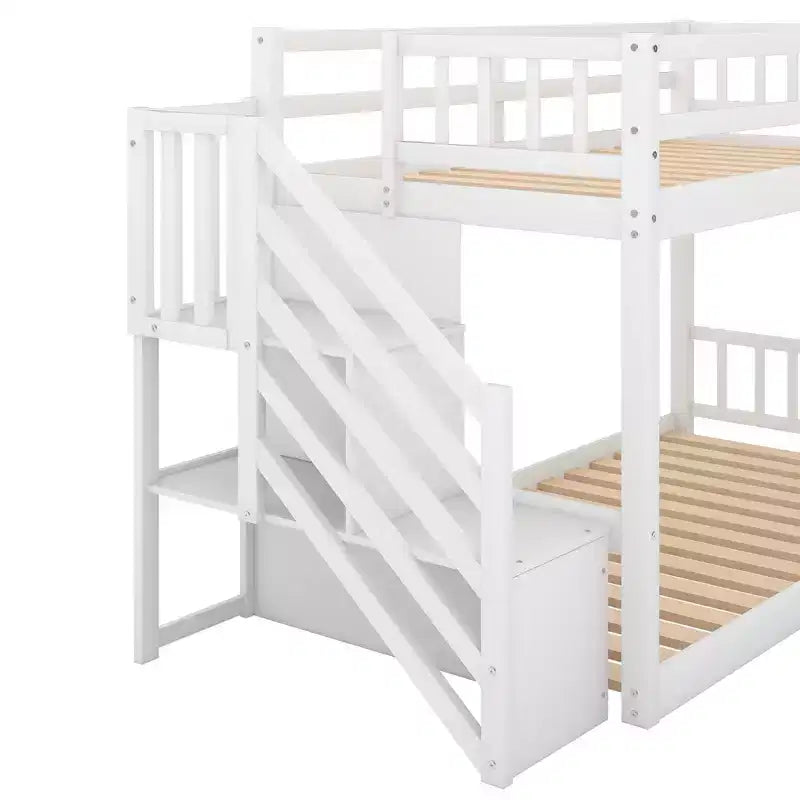 Twin over Twin Bunk Bed with Staircase and Storages for Teens, Stairway Solid Wood Low Bunk Beds with Wood Support Slats