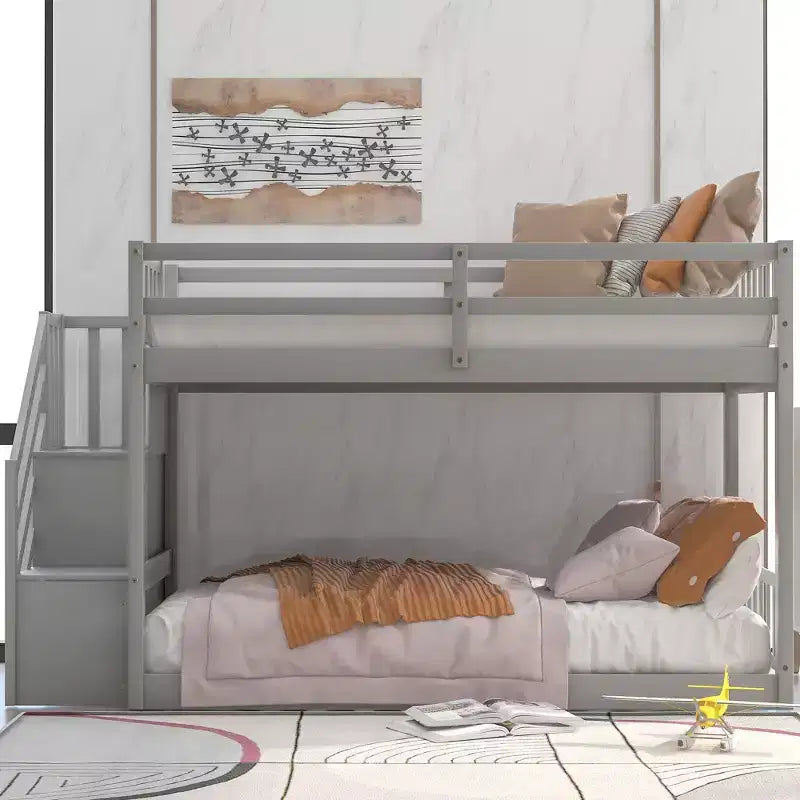 Twin over Twin Bunk Bed with Staircase and Storages for Teens, Stairway Solid Wood Low Bunk Beds with Wood Support Slats