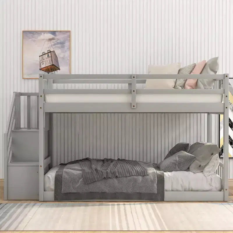 Twin over Twin Bunk Bed with Staircase and Storages for Teens, Stairway Solid Wood Low Bunk Beds with Wood Support Slats