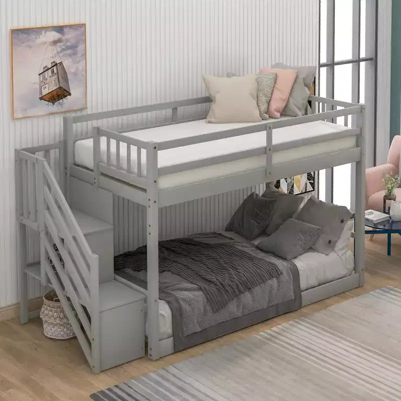 Twin over Twin Bunk Bed with Staircase and Storages for Teens, Stairway Solid Wood Low Bunk Beds with Wood Support Slats