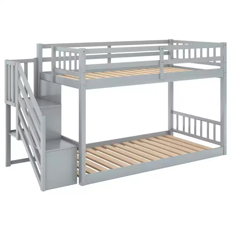 Twin over Twin Bunk Bed with Staircase and Storages for Teens, Stairway Solid Wood Low Bunk Beds with Wood Support Slats
