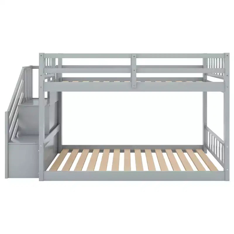 Twin over Twin Bunk Bed with Staircase and Storages for Teens, Stairway Solid Wood Low Bunk Beds with Wood Support Slats
