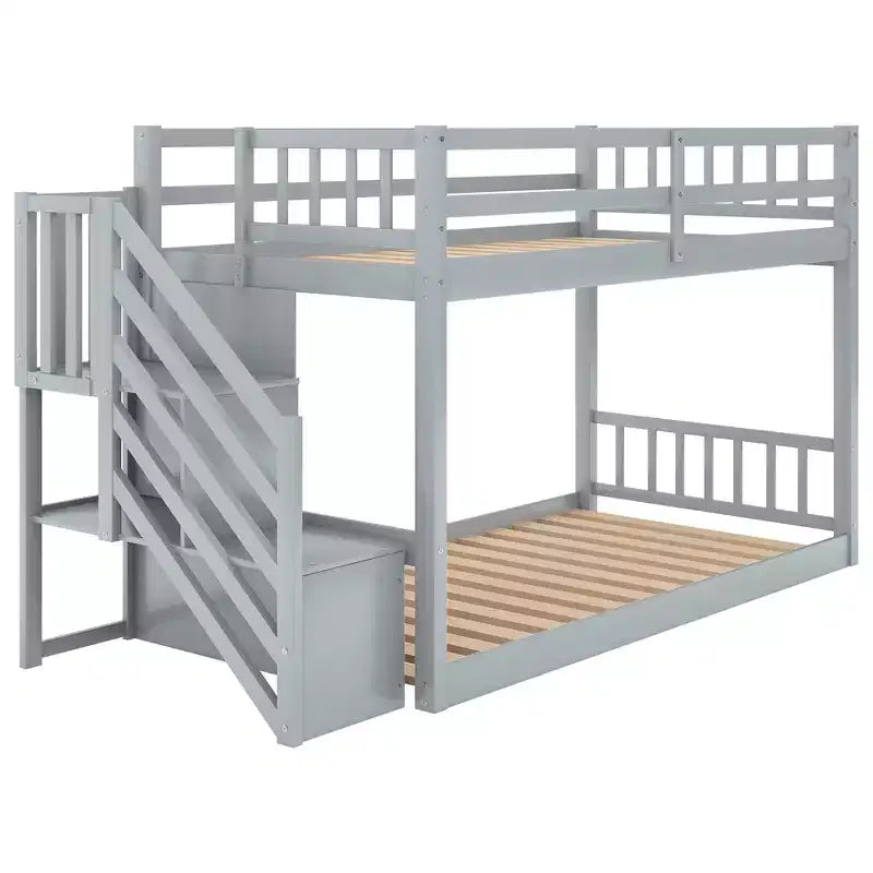 Twin over Twin Bunk Bed with Staircase and Storages for Teens, Stairway Solid Wood Low Bunk Beds with Wood Support Slats