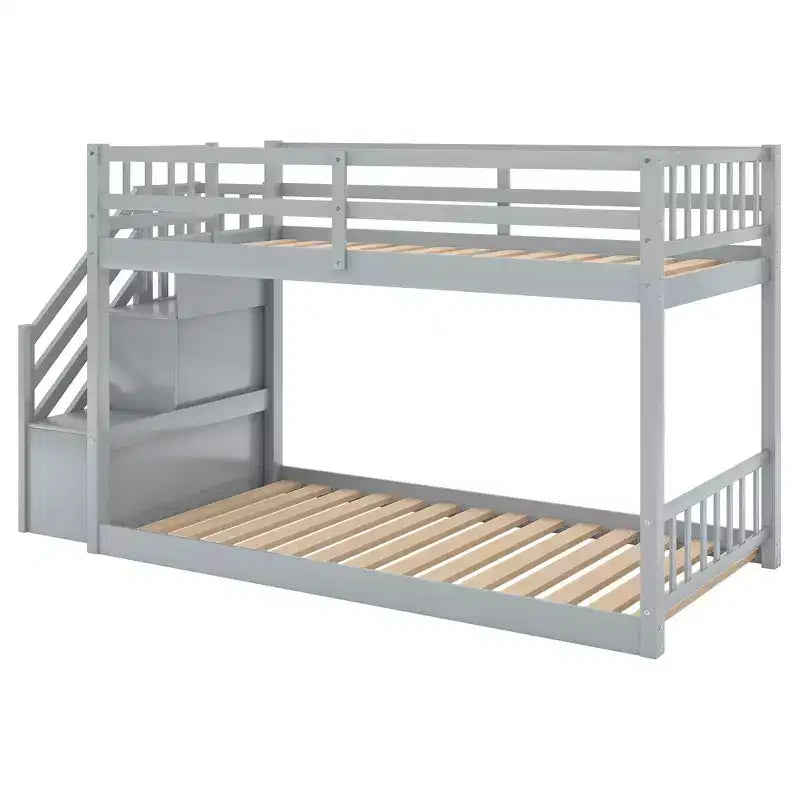 Twin over Twin Bunk Bed with Staircase and Storages for Teens, Stairway Solid Wood Low Bunk Beds with Wood Support Slats