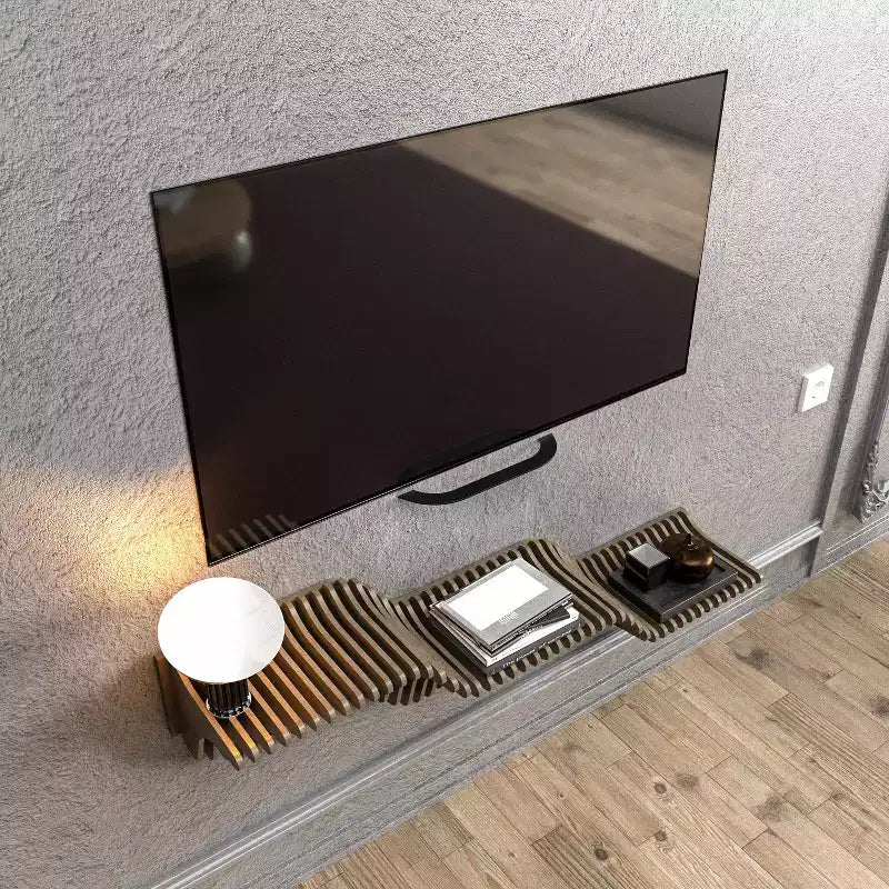 HomeStock Parametric 40 inch Floating Shelf TV Unit Modern Geometric Wooden Wall Piece Decor Natural Oak Color 3D Wavy Living and Gaming Room Shelf