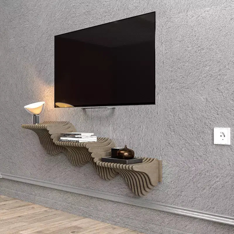 HomeStock Parametric 40 inch Floating Shelf TV Unit Modern Geometric Wooden Wall Piece Decor Natural Oak Color 3D Wavy Living and Gaming Room Shelf