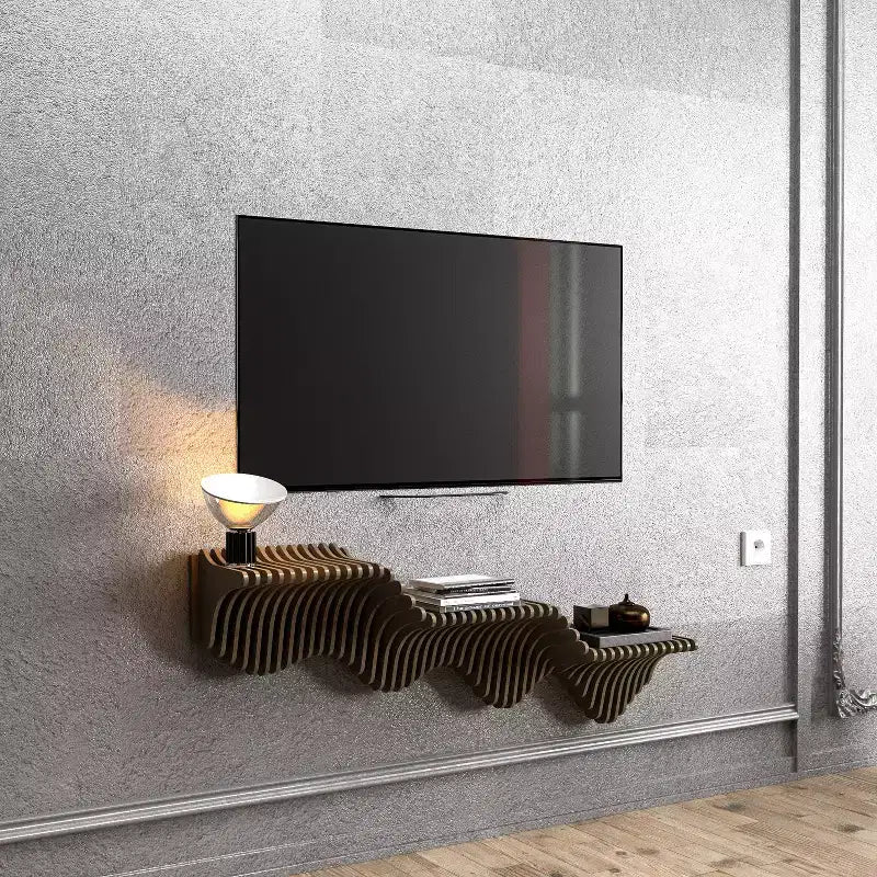 HomeStock Parametric 40 inch Floating Shelf TV Unit Modern Geometric Wooden Wall Piece Decor Natural Oak Color 3D Wavy Living and Gaming Room Shelf
