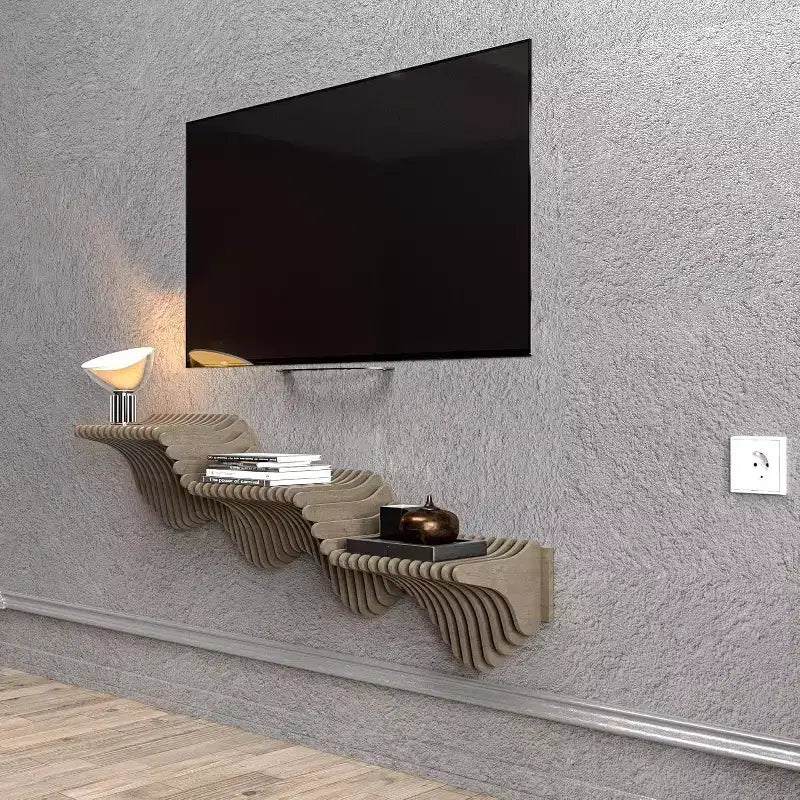 HomeStock Parametric 40 inch Floating Shelf TV Unit Modern Geometric Wooden Wall Piece Decor Natural Oak Color 3D Wavy Living and Gaming Room Shelf