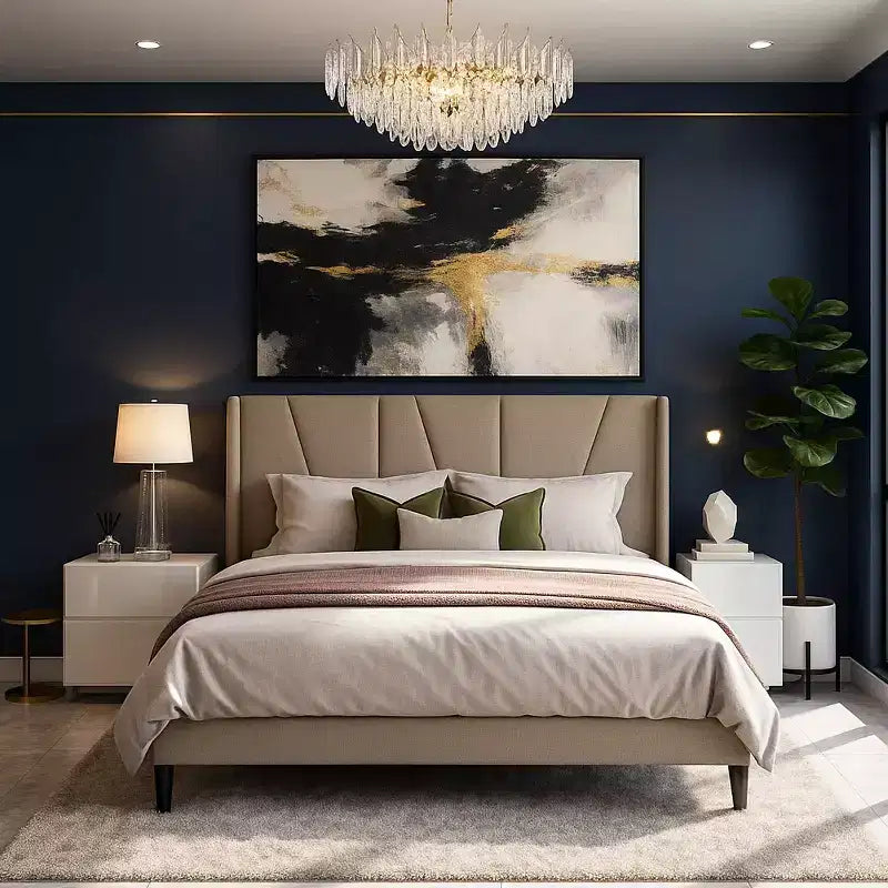 Platform Bed Frame with Geometric Wingback Headboard, Modern Upholstered Bed with Wooden Slats Support, No Box Spring Needed, Easy Assembly