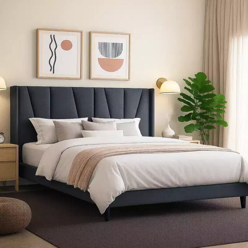 Platform Bed Frame with Geometric Wingback Headboard, Modern Upholstered Bed with Wooden Slats Support, No Box Spring Needed, Easy Assembly