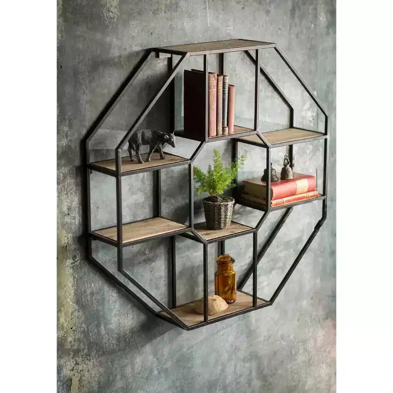 Slickblue Wall-Mounted Iron Wood Shelf, 8-Tier Octagonal/Hexagonal, Display Rack, Industrial, 36x36